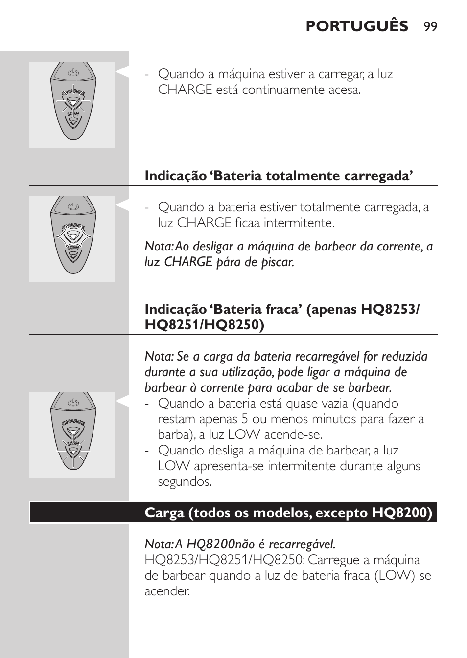 Indicação ‘bateria totalmente carregada, Carga (todos os modelos, excepto hq8200) | Philips SHAVER Series 3000 Afeitadora eléctrica User Manual | Page 97 / 124