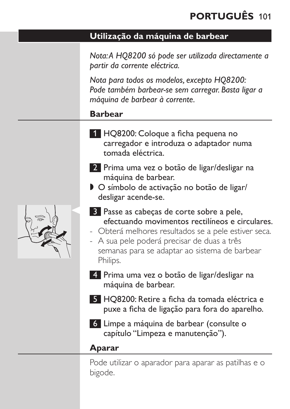 Utilização da máquina de barbear, Barbear, Aparar | Philips SHAVER Series 3000 Afeitadora eléctrica User Manual | Page 99 / 124