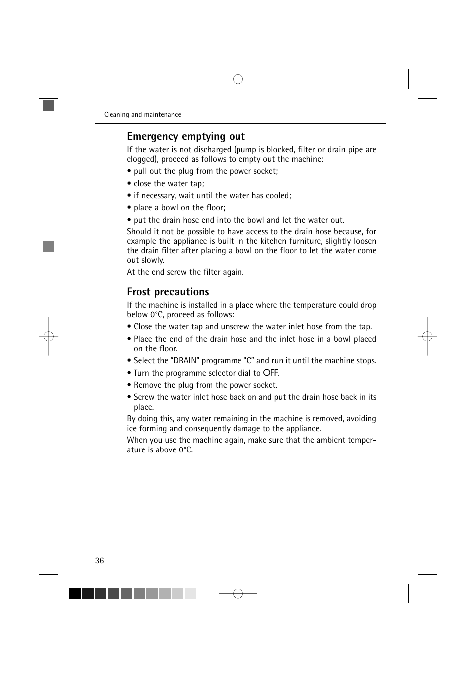 Emergency emptying out, Frost precautions | AEG LAVAMAT TURBO 16810 User Manual | Page 36 / 50