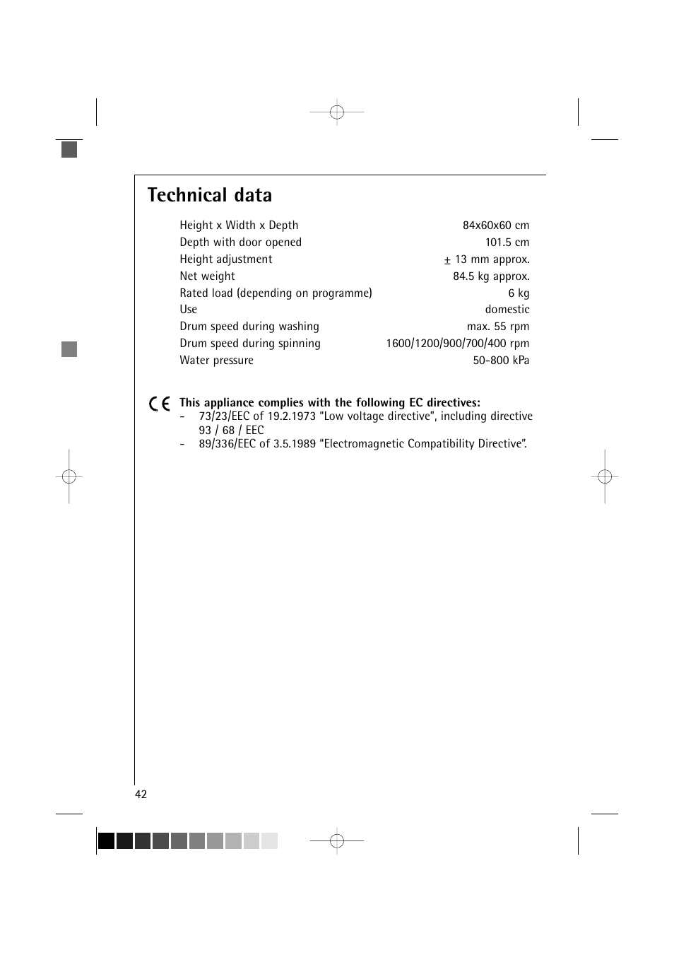 Technical data | AEG LAVAMAT TURBO 16810 User Manual | Page 42 / 50