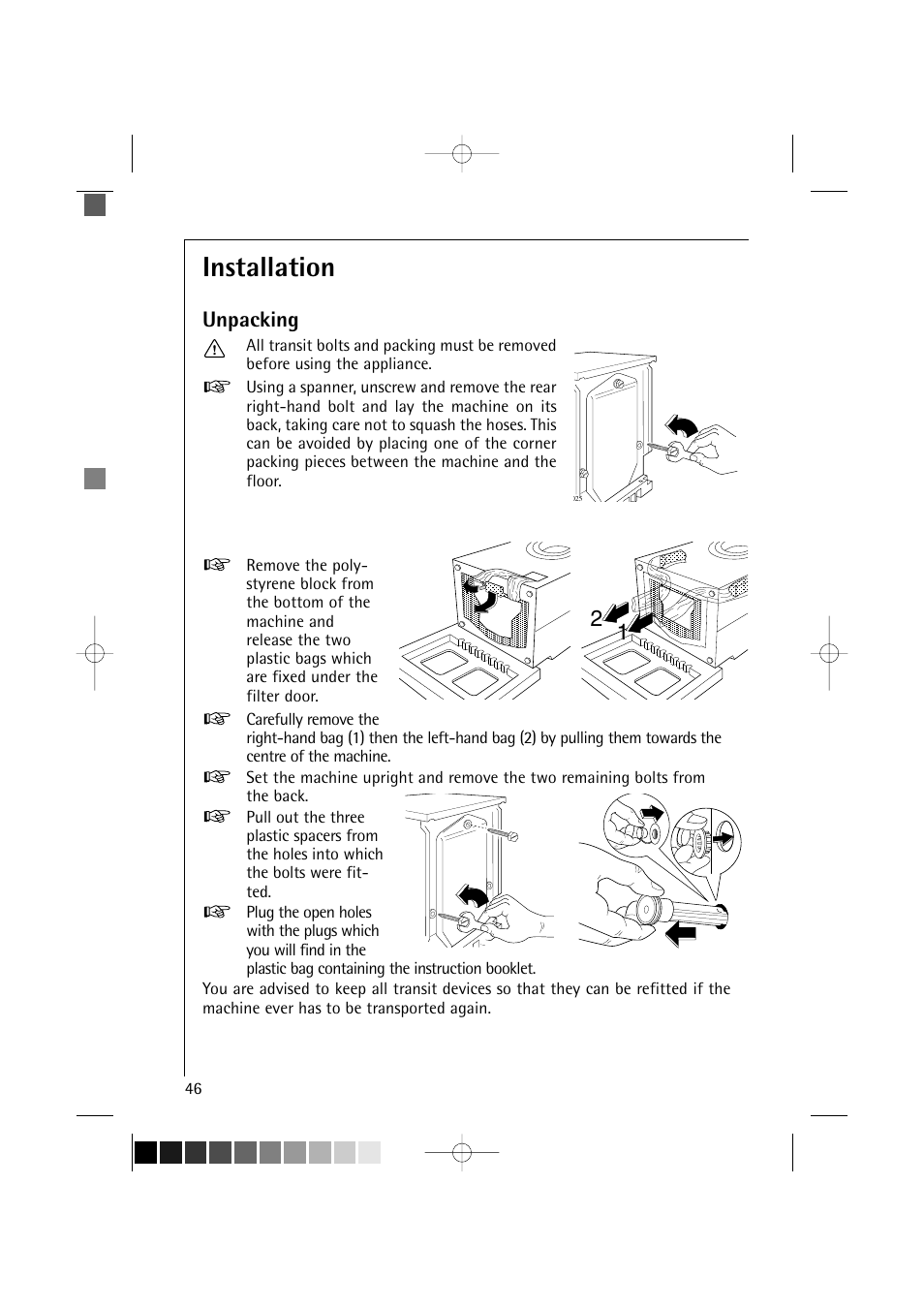 Installation, Unpacking | AEG LAVAMAT TURBO 16810 User Manual | Page 46 / 50