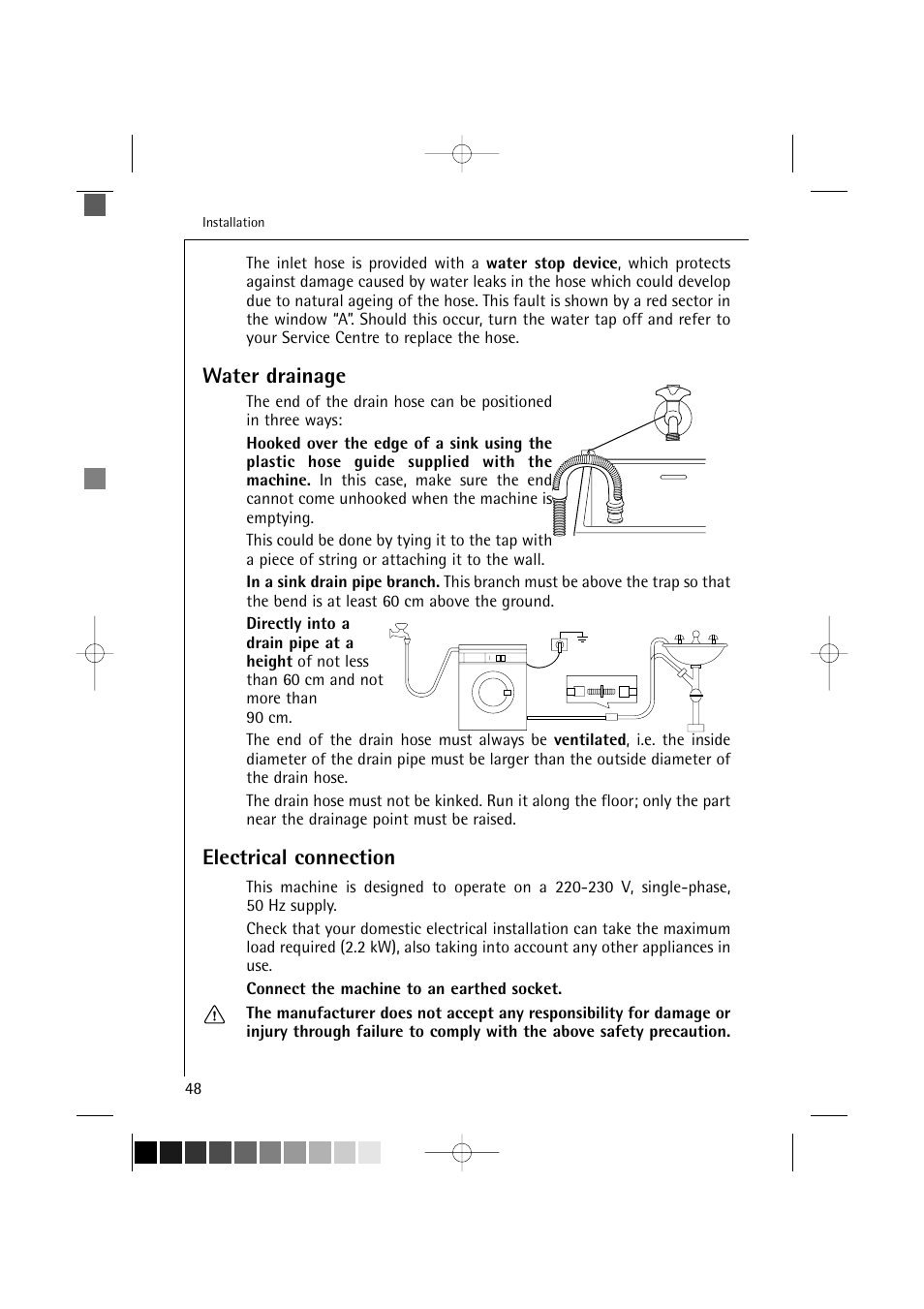 Water drainage, Electrical connection | AEG LAVAMAT TURBO 16810 User Manual | Page 48 / 50