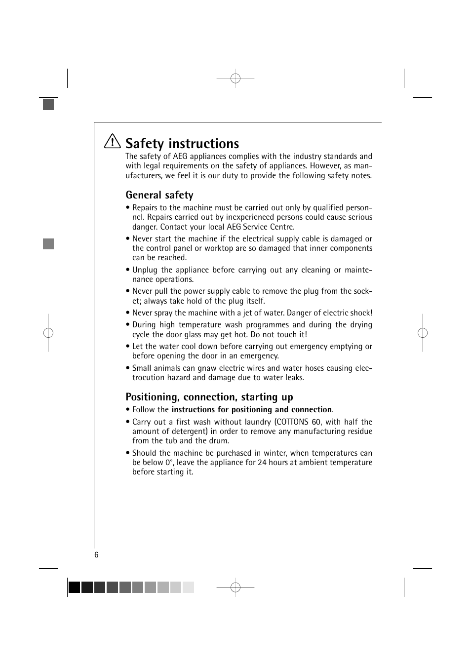 Safety instructions, General safety, Positioning, connection, starting up | AEG LAVAMAT TURBO 16810 User Manual | Page 6 / 50