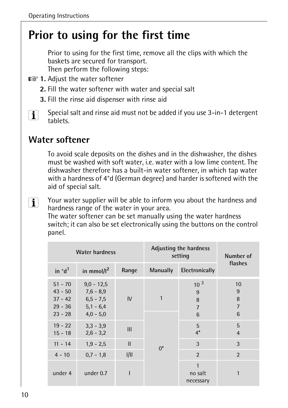 Prior to using for the first time, Water softener | AEG FAVORIT 40740 User Manual | Page 10 / 48