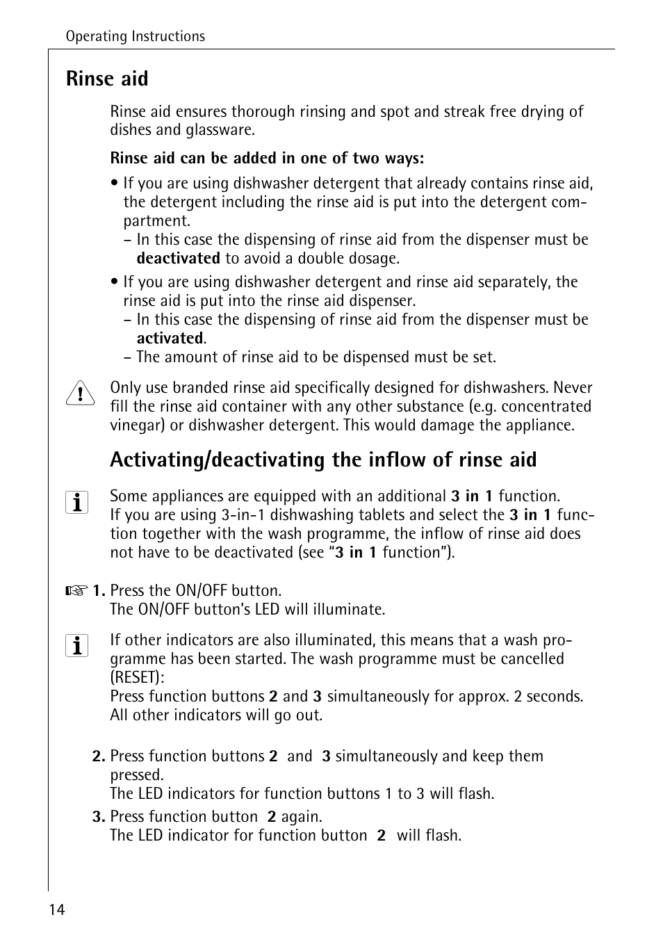 Rinse aid, Activating/deactivating the inflow of rinse aid | AEG FAVORIT 40740 User Manual | Page 14 / 48