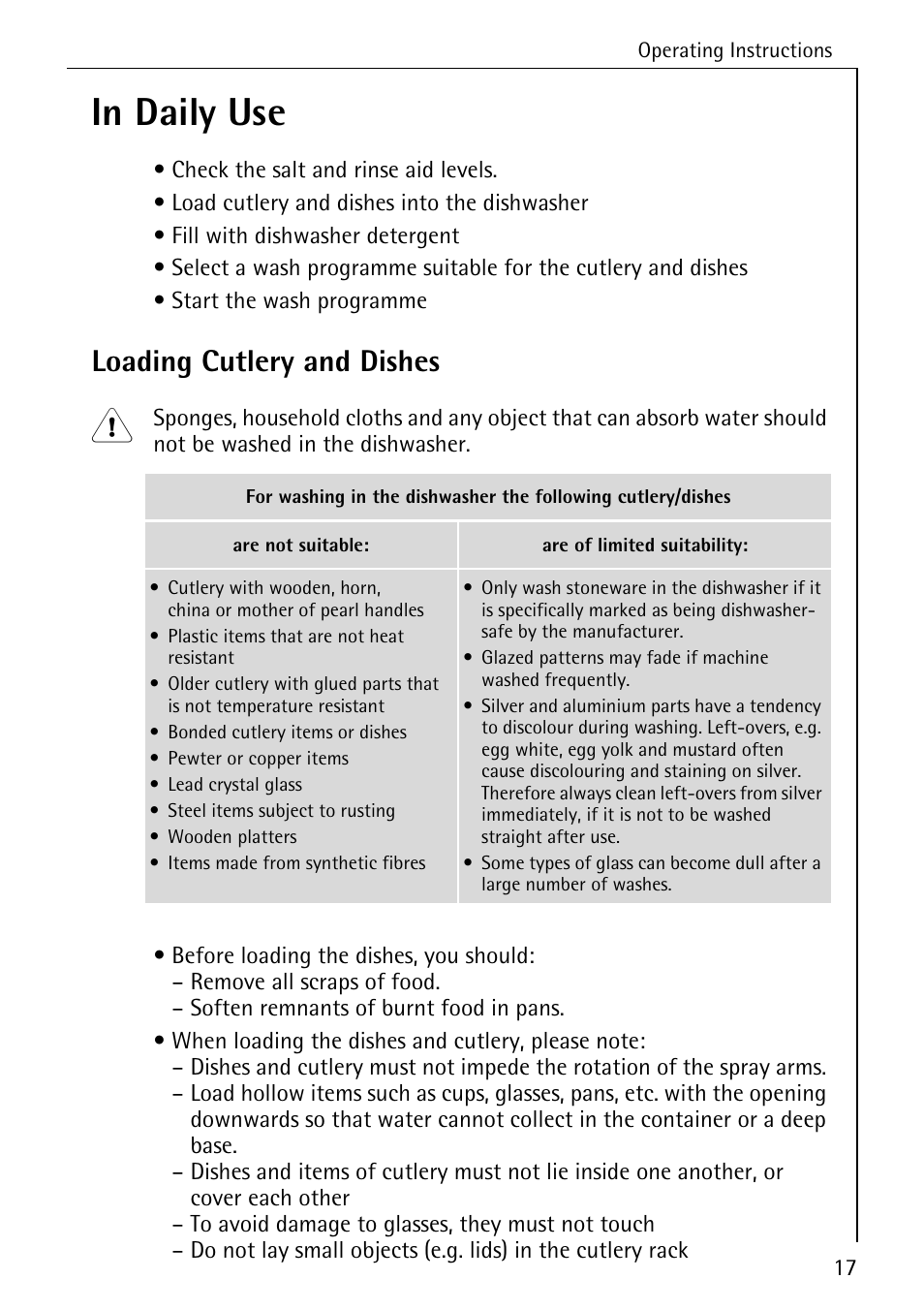 Loading cutlery and dishes | AEG FAVORIT 40740 User Manual | Page 17 / 48