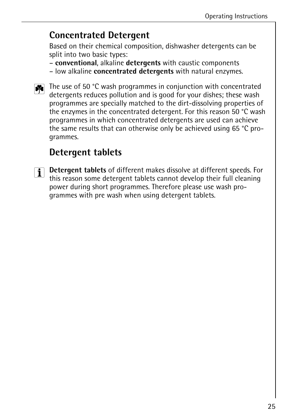 Concentrated detergent, Detergent tablets | AEG FAVORIT 40740 User Manual | Page 25 / 48