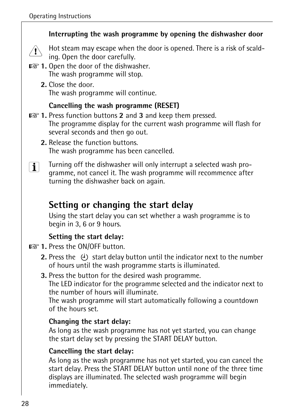 Setting or changing the start delay | AEG FAVORIT 40740 User Manual | Page 28 / 48