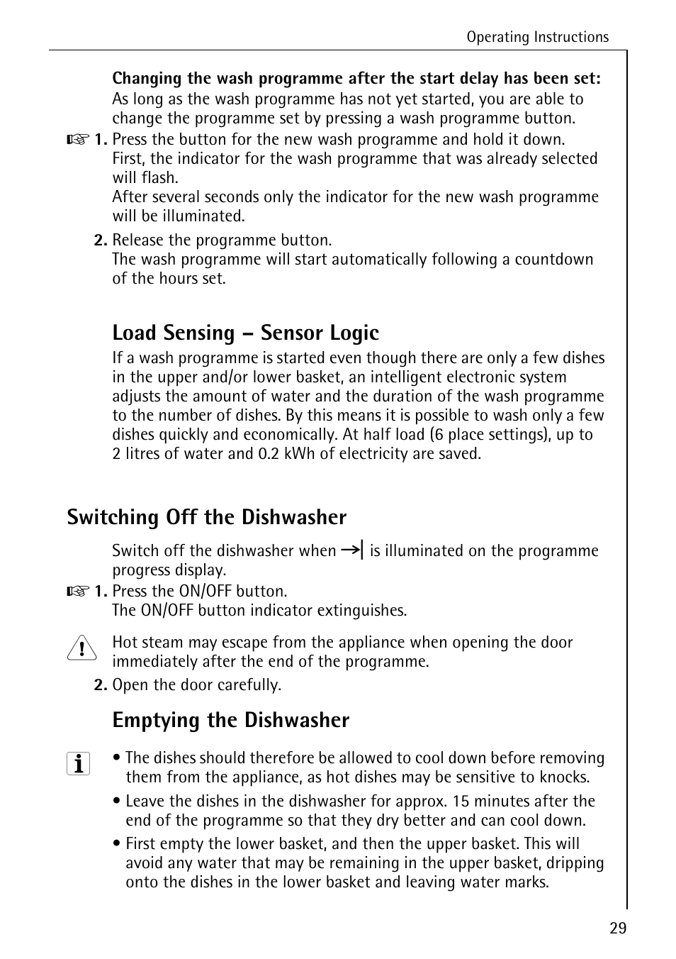 Load sensing – sensor logic, Switching off the dishwasher, Emptying the dishwasher | AEG FAVORIT 40740 User Manual | Page 29 / 48