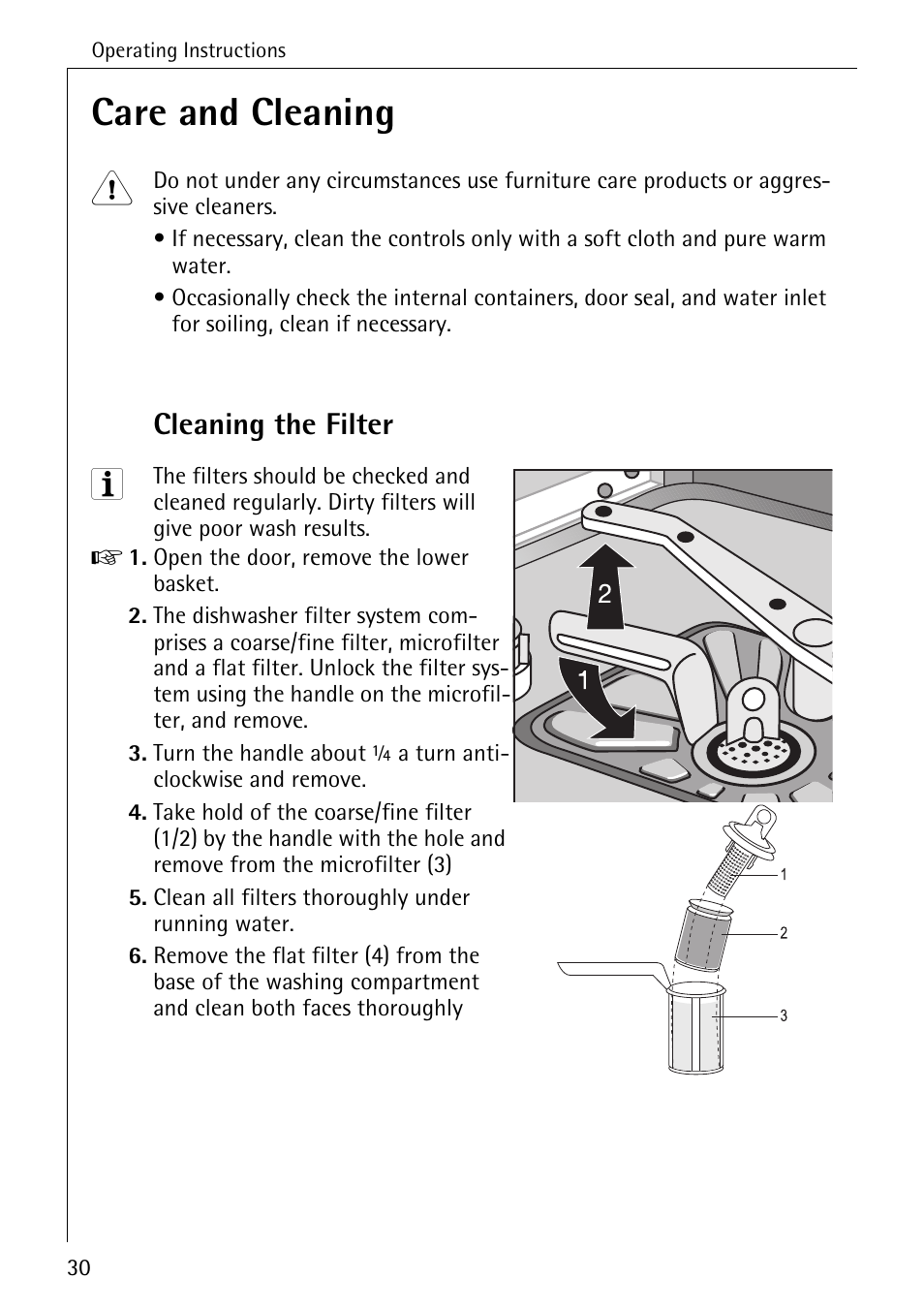 Care and cleaning, Cleaning the filter | AEG FAVORIT 40740 User Manual | Page 30 / 48