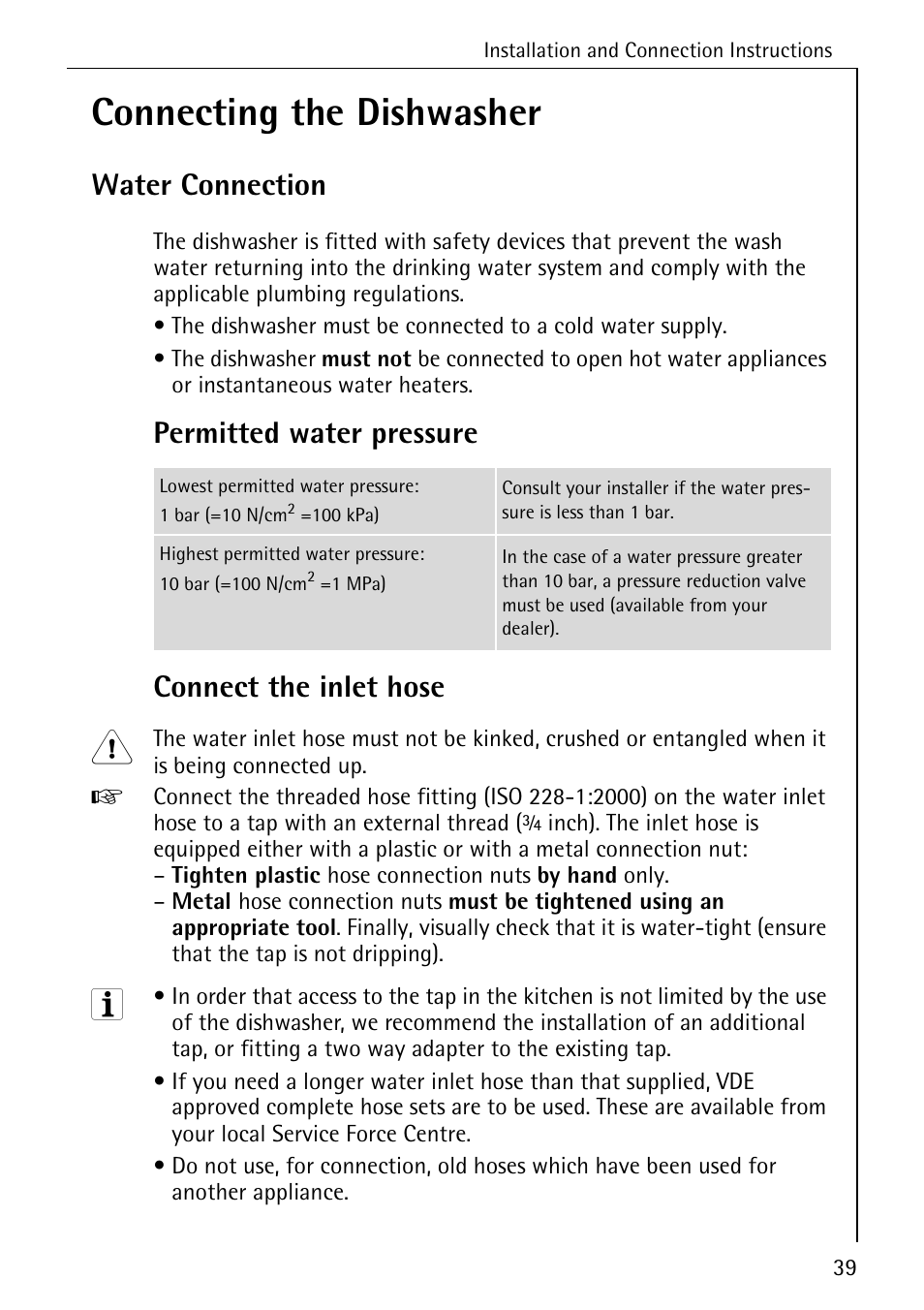 Connecting the dishwasher, Water connection, Permitted water pressure connect the inlet hose | AEG FAVORIT 40740 User Manual | Page 39 / 48