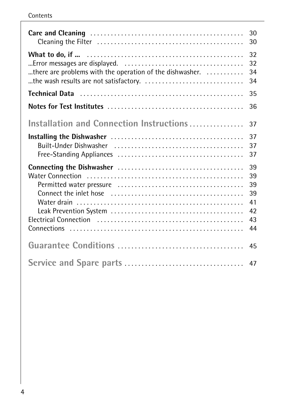 Installation and connection instructions, Guarantee conditions, Service and spare parts | AEG FAVORIT 40740 User Manual | Page 4 / 48