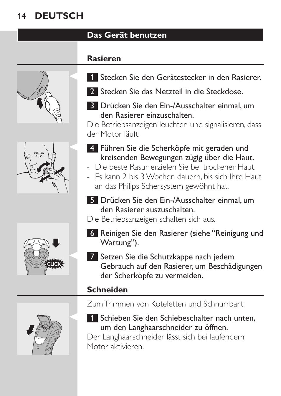 Das gerät benutzen, Rasieren, Schneiden | Philips SHAVER Series 3000 Afeitadora eléctrica User Manual | Page 12 / 72