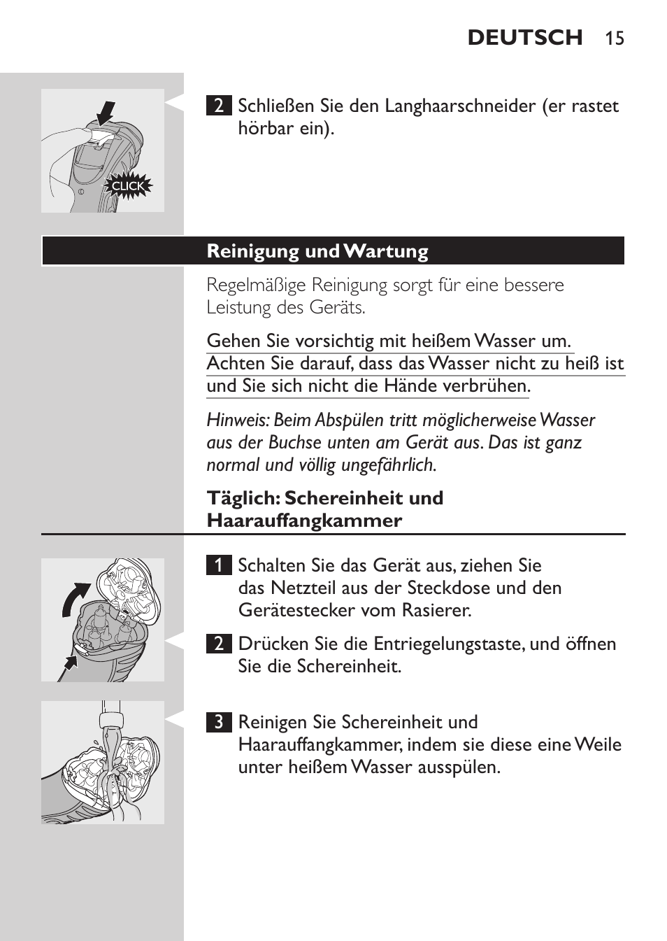 Reinigung und wartung, Täglich: schereinheit und haarauffangkammer | Philips SHAVER Series 3000 Afeitadora eléctrica User Manual | Page 13 / 72