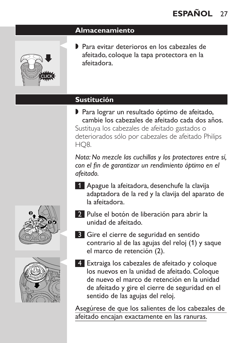 Almacenamiento, Sustitución | Philips SHAVER Series 3000 Afeitadora eléctrica User Manual | Page 25 / 72