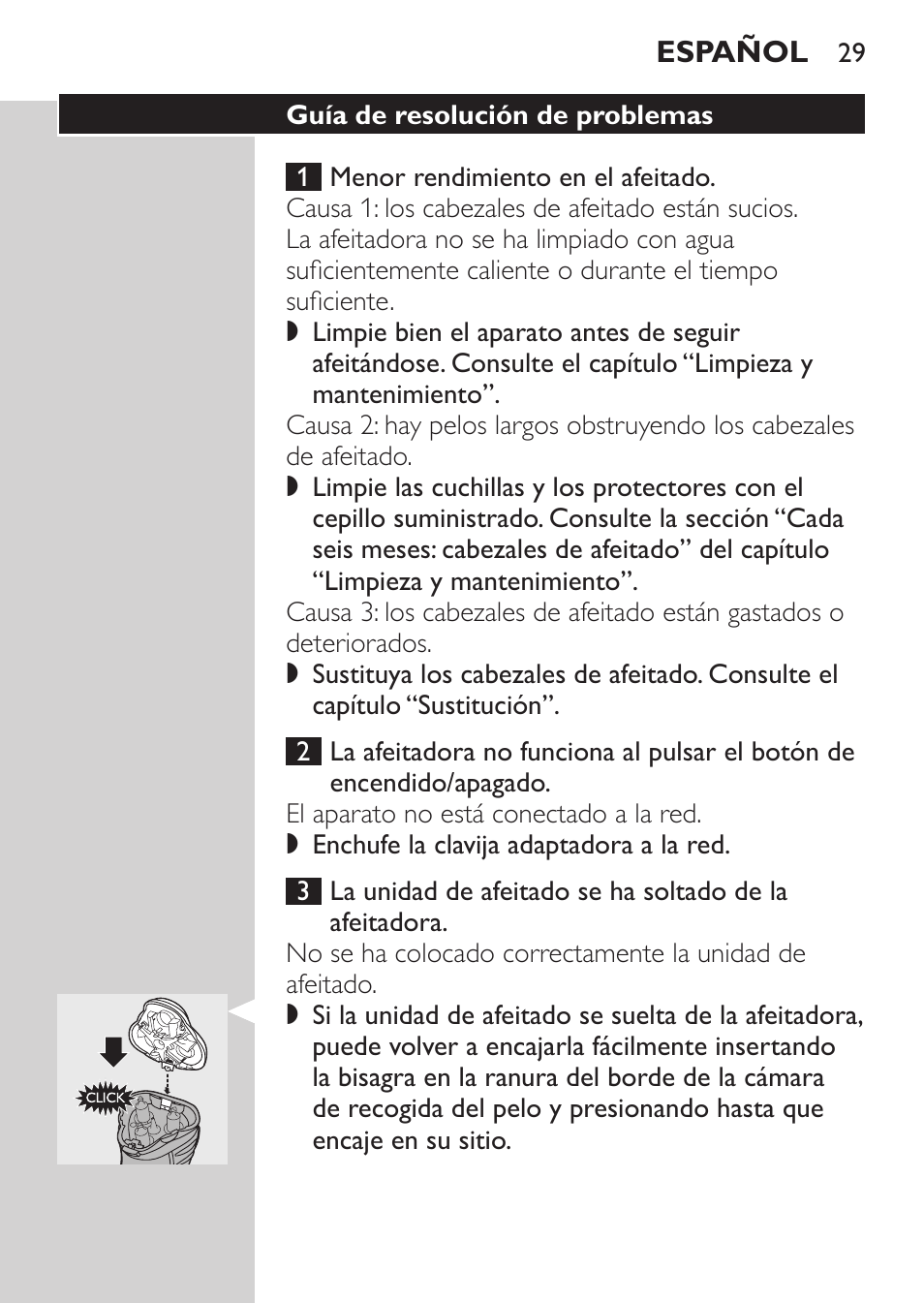 Guía de resolución de problemas | Philips SHAVER Series 3000 Afeitadora eléctrica User Manual | Page 27 / 72