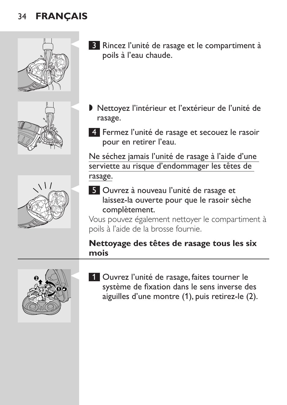 Nettoyage des têtes de rasage tous les six mois | Philips SHAVER Series 3000 Afeitadora eléctrica User Manual | Page 32 / 72