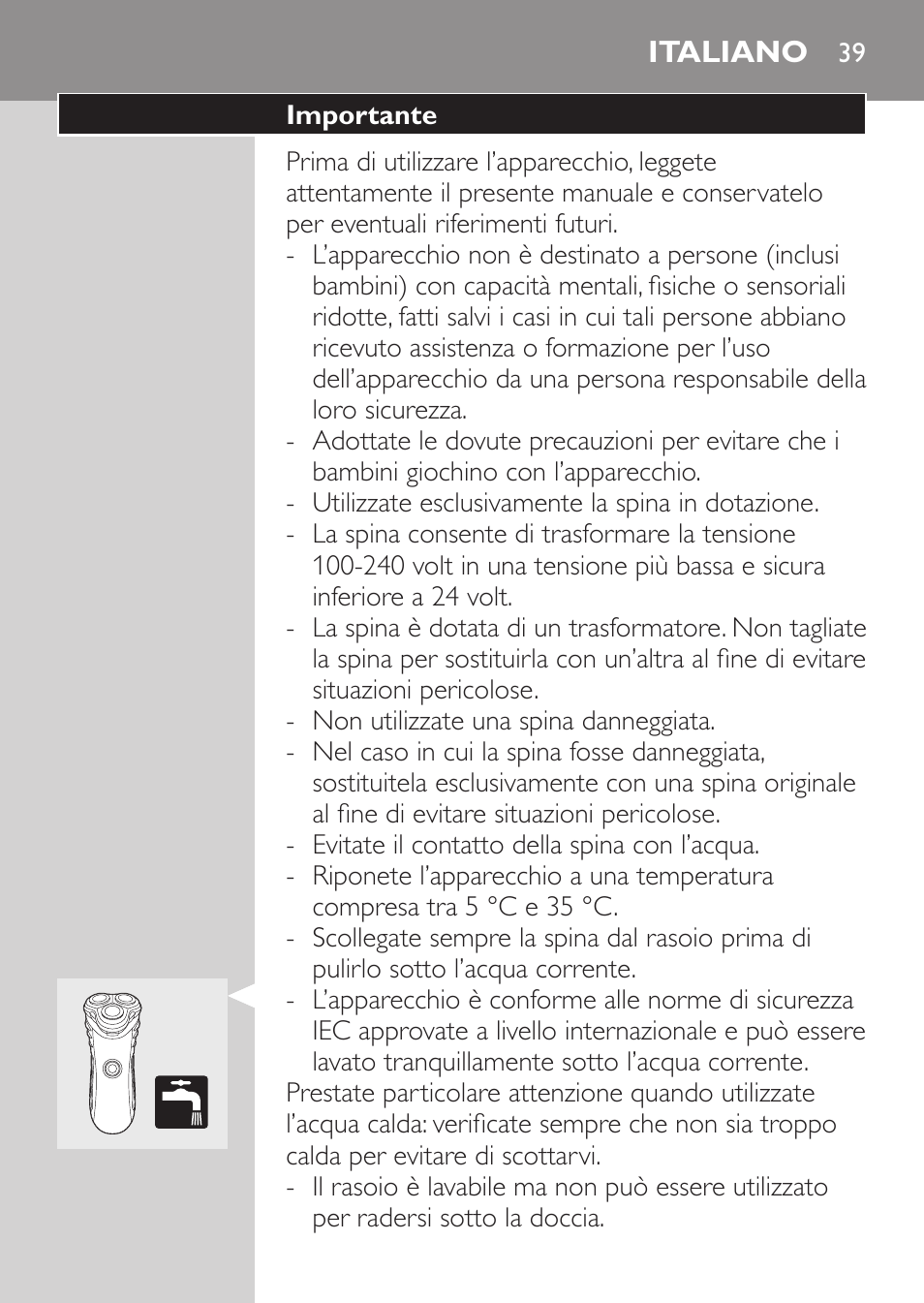 Italiano, Importante | Philips SHAVER Series 3000 Afeitadora eléctrica User Manual | Page 37 / 72