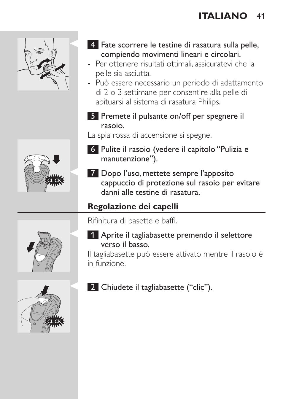 Regolazione dei capelli, Pulizia e manutenzione | Philips SHAVER Series 3000 Afeitadora eléctrica User Manual | Page 39 / 72