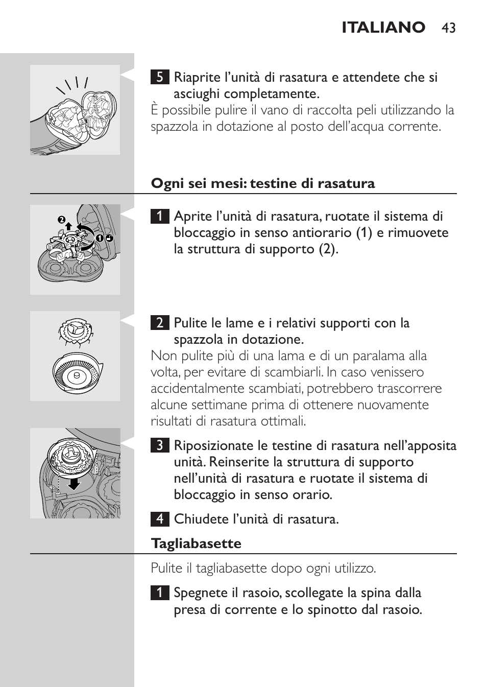 Ogni sei mesi: testine di rasatura, Tagliabasette | Philips SHAVER Series 3000 Afeitadora eléctrica User Manual | Page 41 / 72