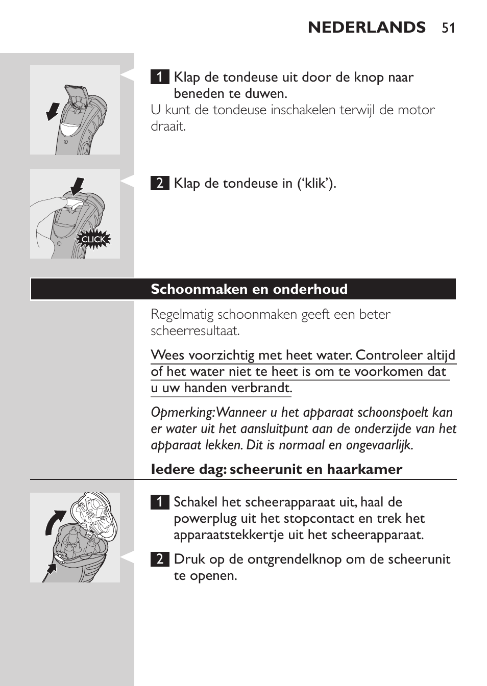 Schoonmaken en onderhoud, Iedere dag: scheerunit en haarkamer | Philips SHAVER Series 3000 Afeitadora eléctrica User Manual | Page 49 / 72