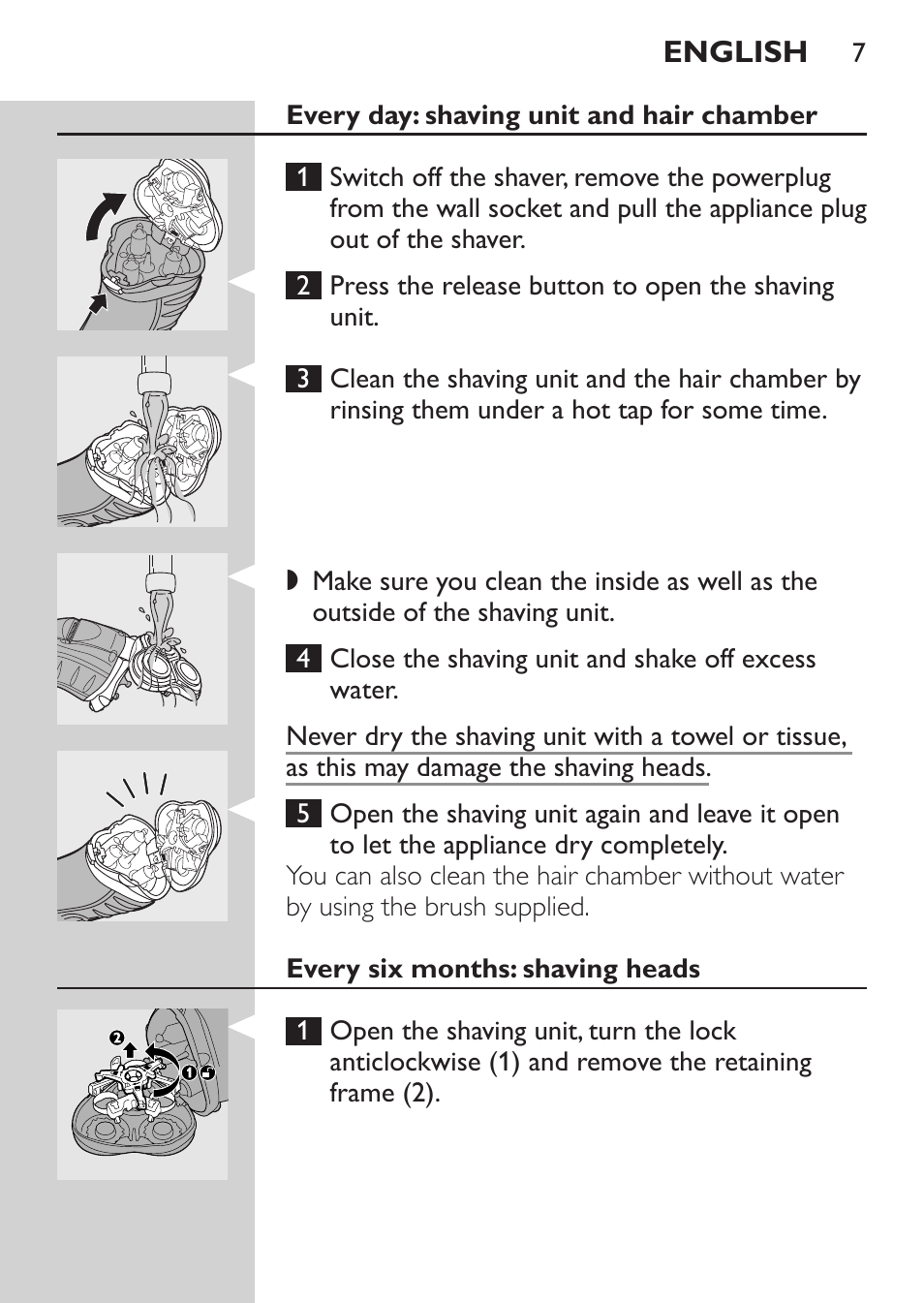 Every day: shaving unit and hair chamber, Every six months: shaving heads | Philips SHAVER Series 3000 Afeitadora eléctrica User Manual | Page 5 / 72