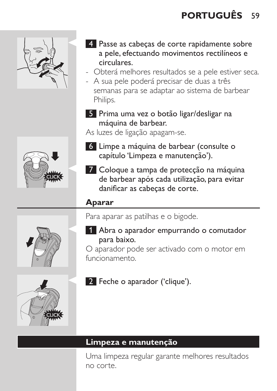 Utilizar o aparelho, Depilação de corte | Philips SHAVER Series 3000 Afeitadora eléctrica User Manual | Page 57 / 72