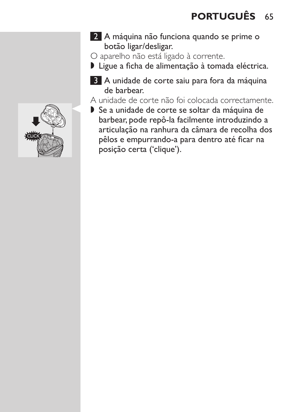 Restrições à garantia, Garantia e assistência, Resolução de problemas | Philips SHAVER Series 3000 Afeitadora eléctrica User Manual | Page 63 / 72