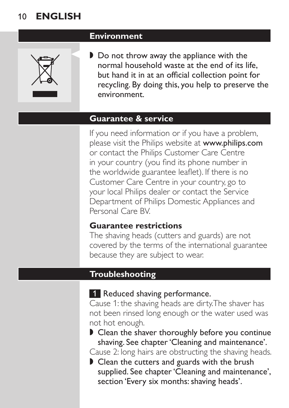 Guarantee restrictions, Environment, Guarantee & service | Troubleshooting | Philips SHAVER Series 3000 Afeitadora eléctrica User Manual | Page 8 / 72