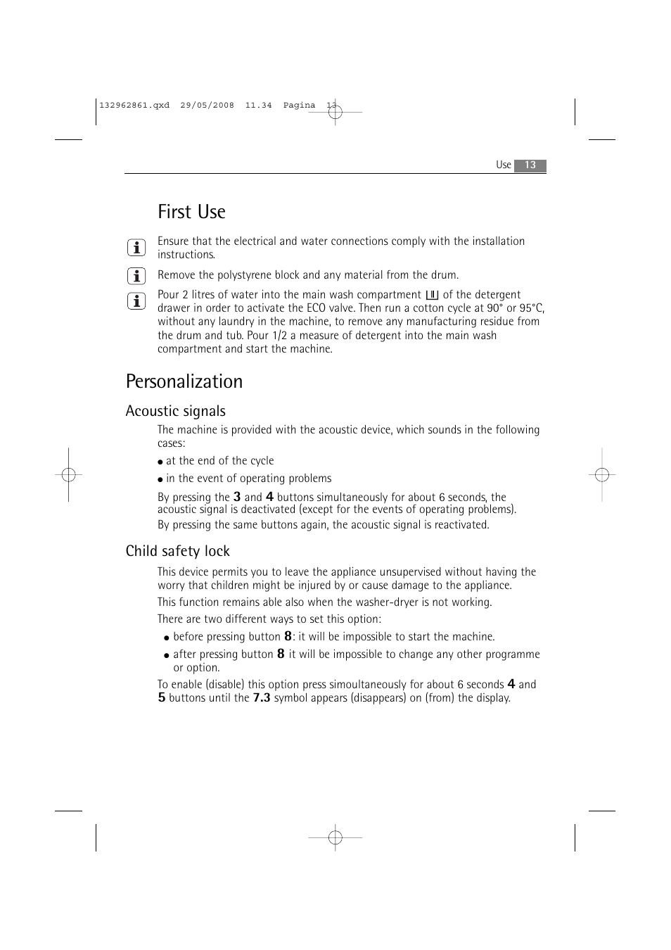 First use, Personalization, Acoustic signals | Child safety lock | AEG LAVAMAT L 14840 User Manual | Page 13 / 48