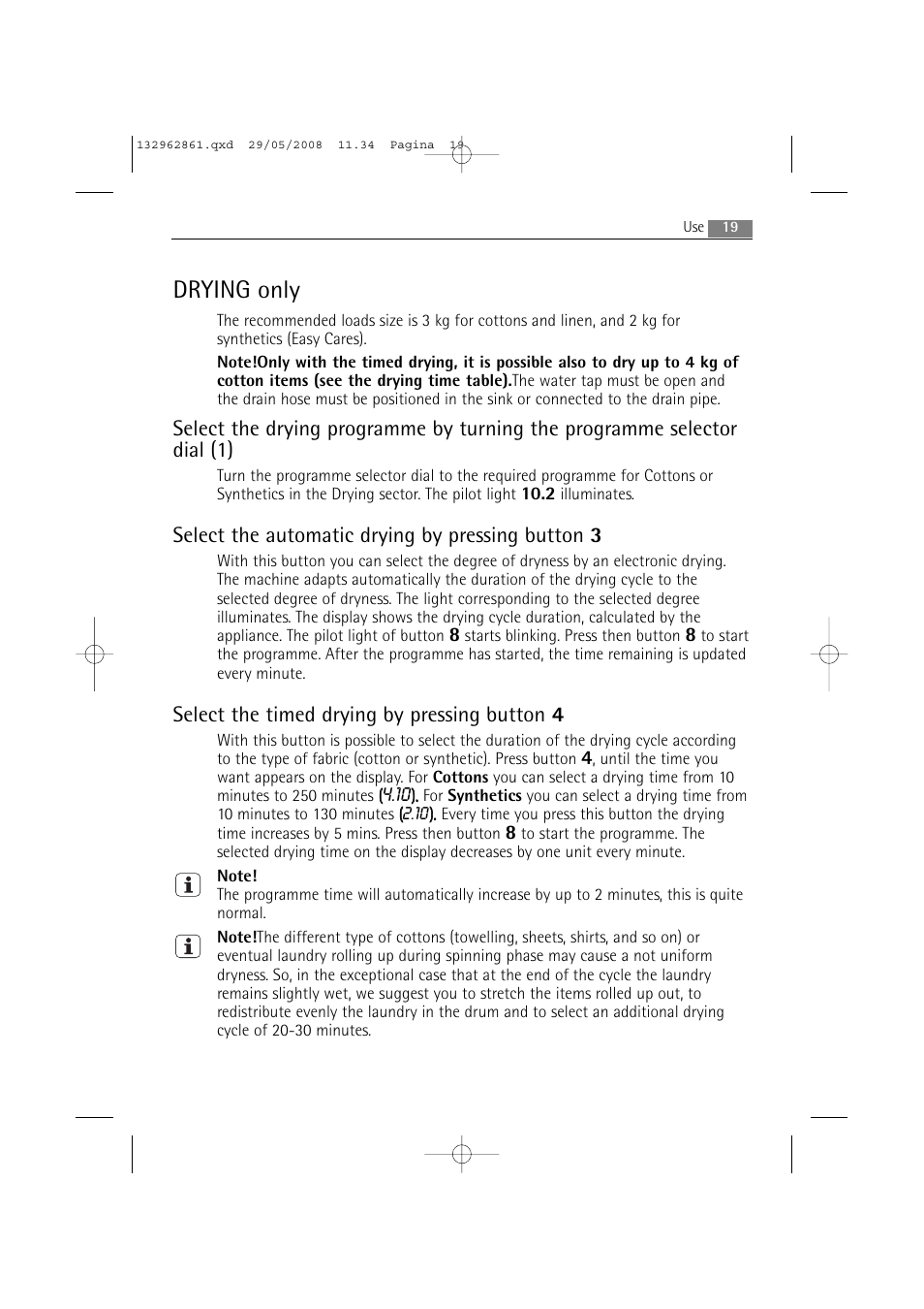 Drying only, Select the automatic drying by pressing button 3, Select the timed drying by pressing button 4 | AEG LAVAMAT L 14840 User Manual | Page 19 / 48