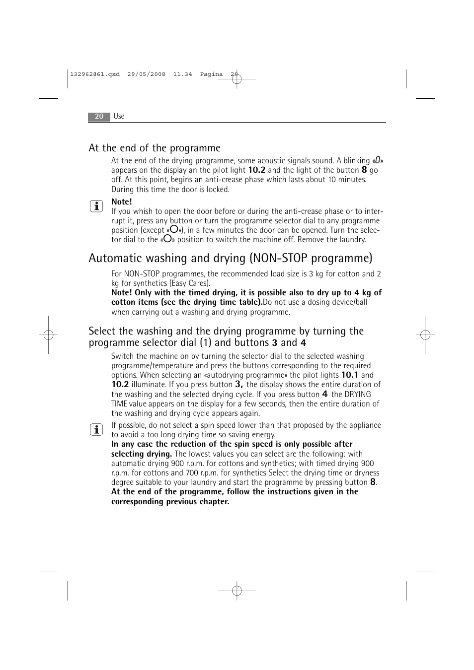 Automatic washing and drying (non-stop programme), At the end of the programme | AEG LAVAMAT L 14840 User Manual | Page 20 / 48