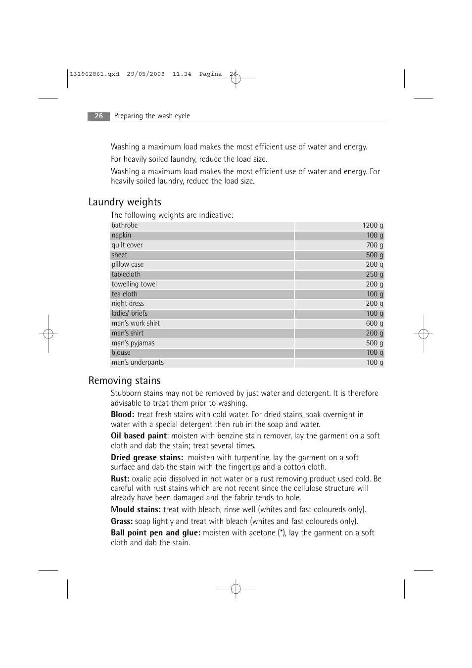 Laundry weights, Removing stains | AEG LAVAMAT L 14840 User Manual | Page 26 / 48