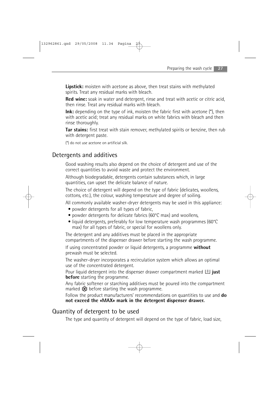 Detergents and additives, Quantity of detergent to be used | AEG LAVAMAT L 14840 User Manual | Page 27 / 48