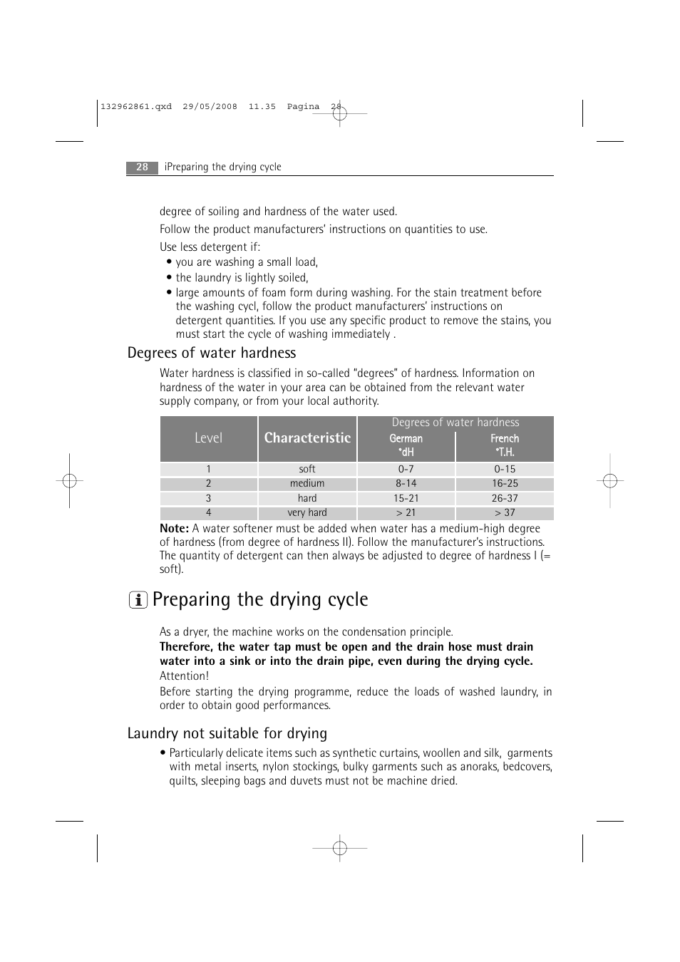 Preparing the drying cycle, Degrees of water hardness, Laundry not suitable for drying | AEG LAVAMAT L 14840 User Manual | Page 28 / 48