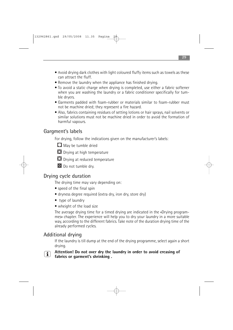 Gargment’s labels, Drying cycle duration, Additional drying | AEG LAVAMAT L 14840 User Manual | Page 29 / 48