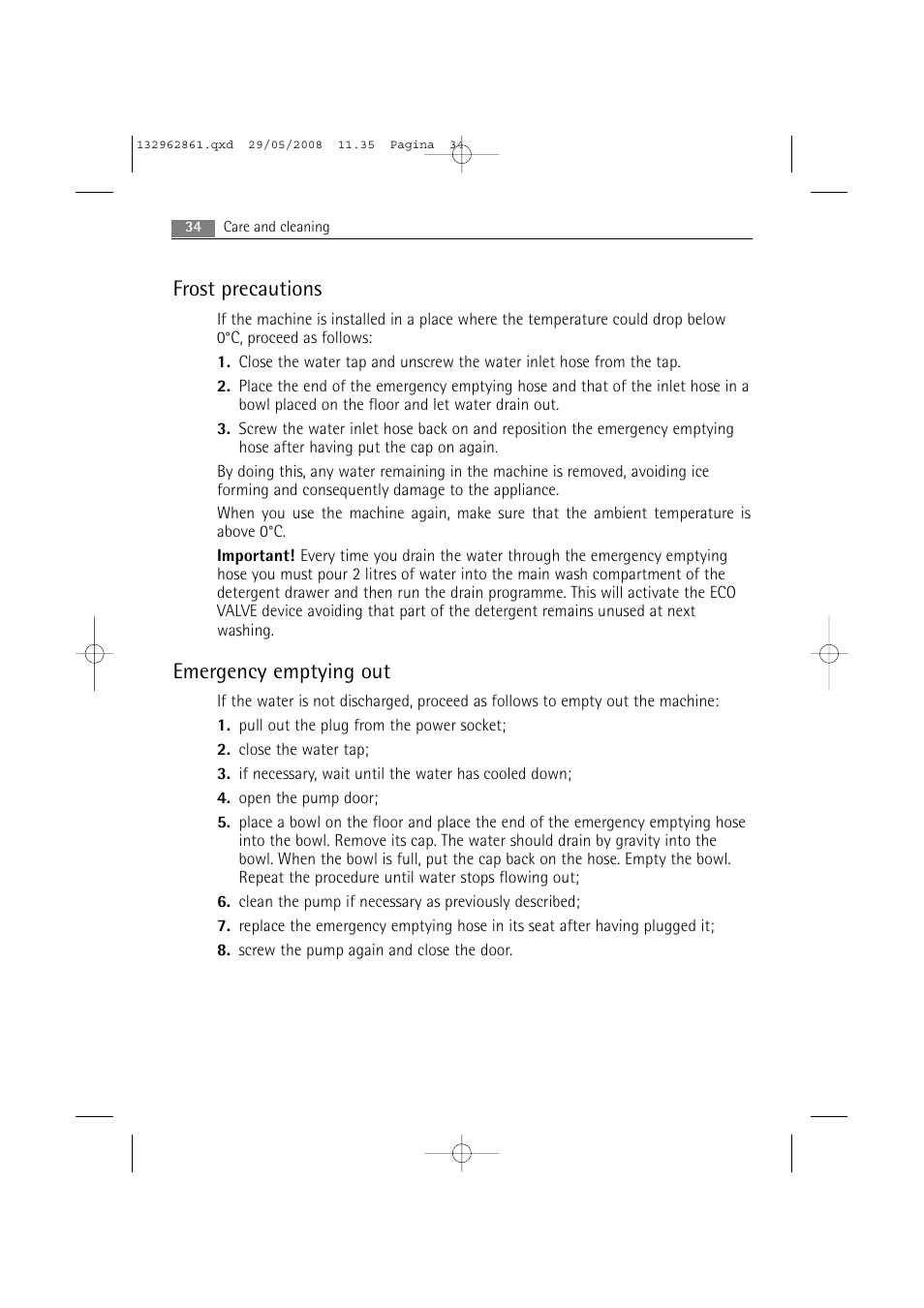 Frost precautions, Emergency emptying out | AEG LAVAMAT L 14840 User Manual | Page 34 / 48