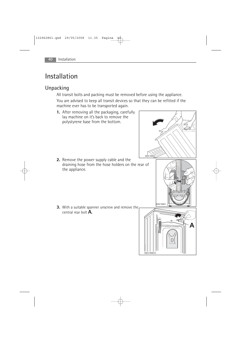 Installation, Unpacking | AEG LAVAMAT L 14840 User Manual | Page 40 / 48