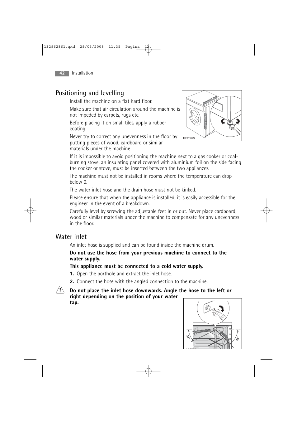 Positioning and levelling, Water inlet | AEG LAVAMAT L 14840 User Manual | Page 42 / 48