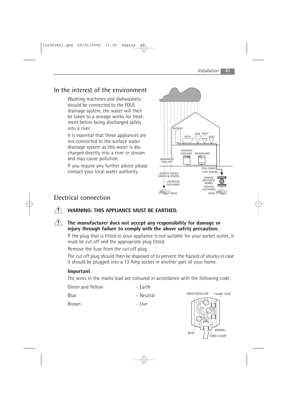 Electrical connection, 45 installation | AEG LAVAMAT L 14840 User Manual | Page 45 / 48