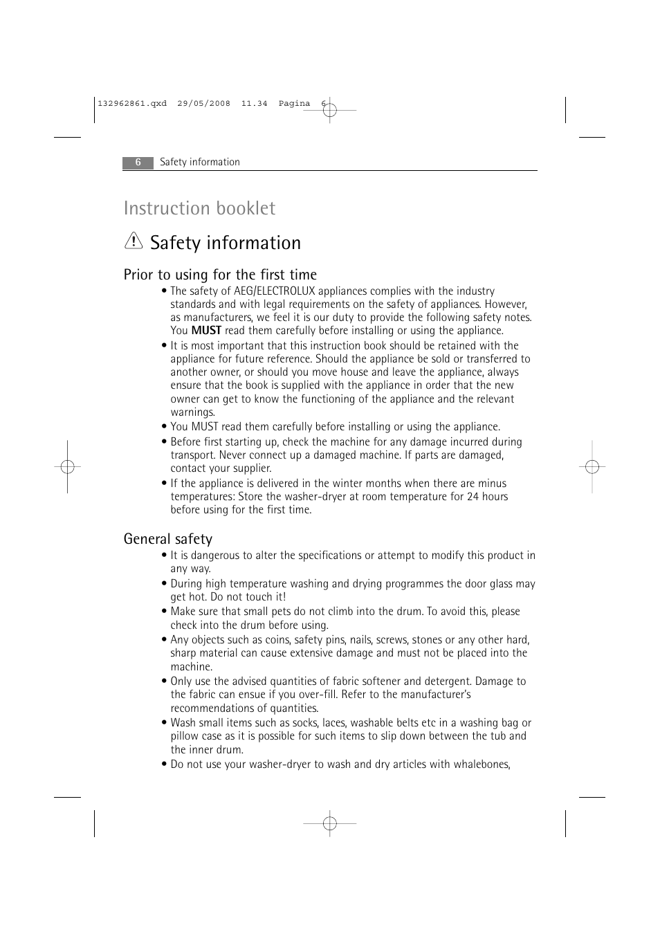 Instruction booklet safety information, Prior to using for the first time, General safety | AEG LAVAMAT L 14840 User Manual | Page 6 / 48