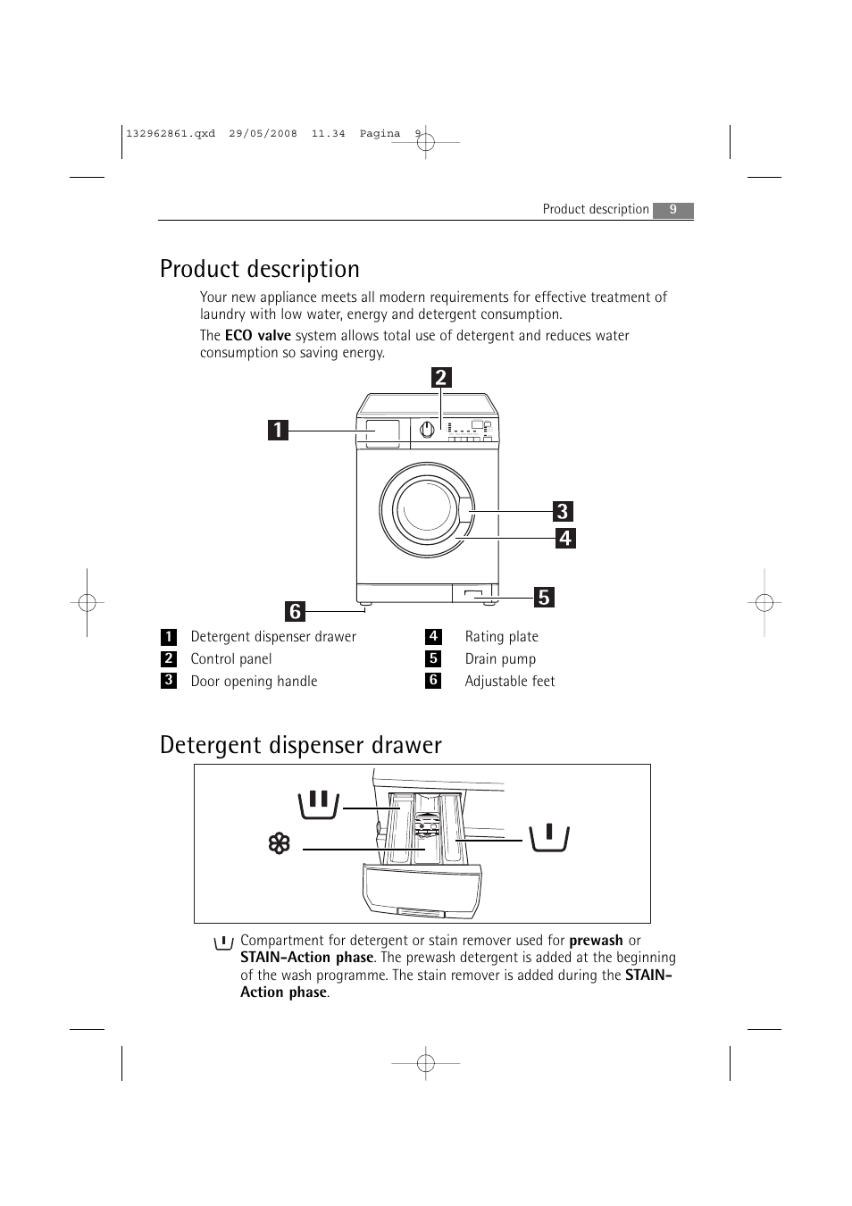 Product description, Detergent dispenser drawer | AEG LAVAMAT L 14840 User Manual | Page 9 / 48