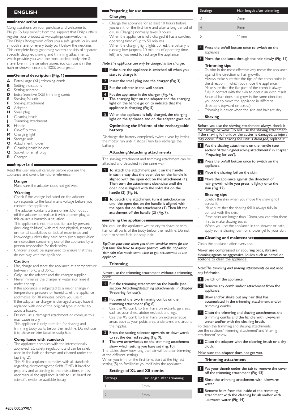 English | Philips BODYGROOM Series 5000 afeitadora corporal User Manual | Page 2 / 9