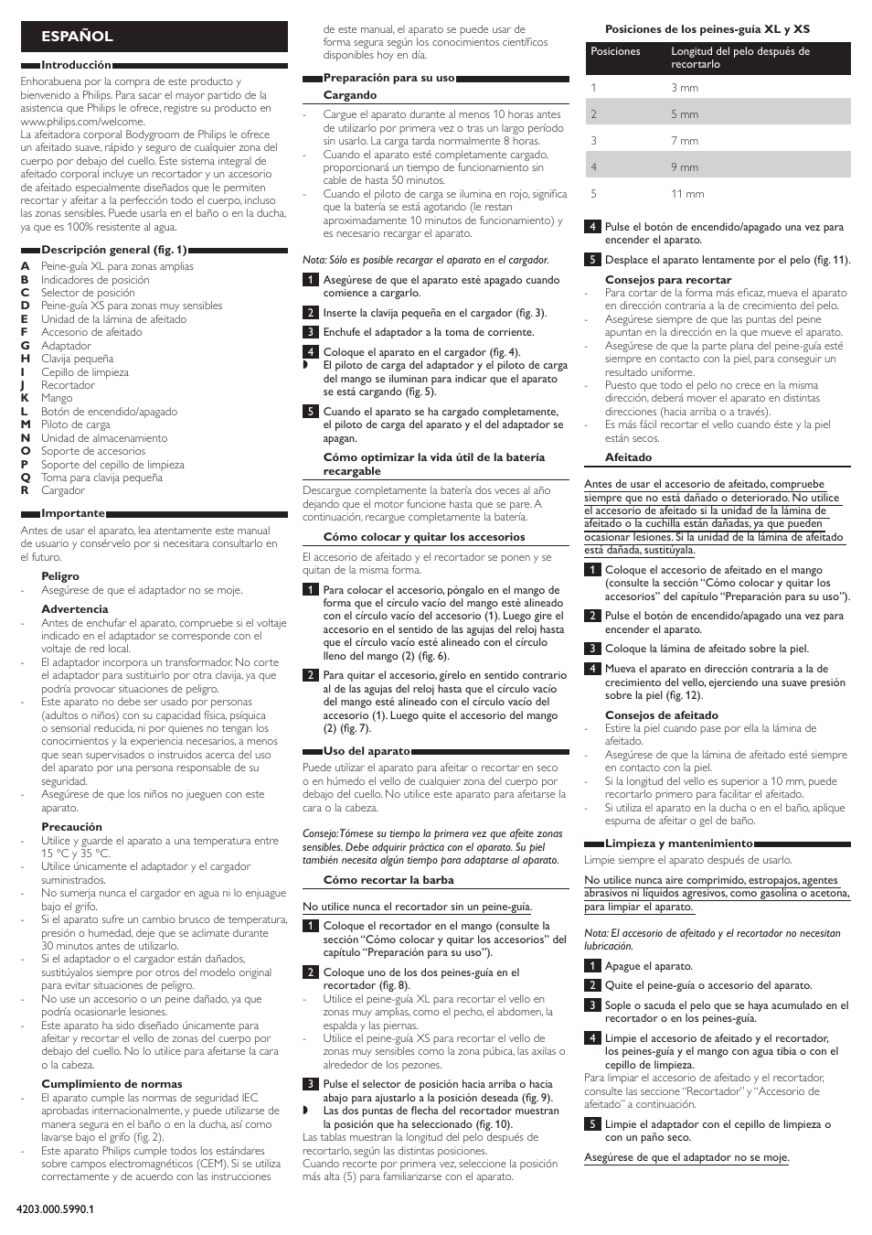 Español | Philips BODYGROOM Series 5000 afeitadora corporal User Manual | Page 4 / 9