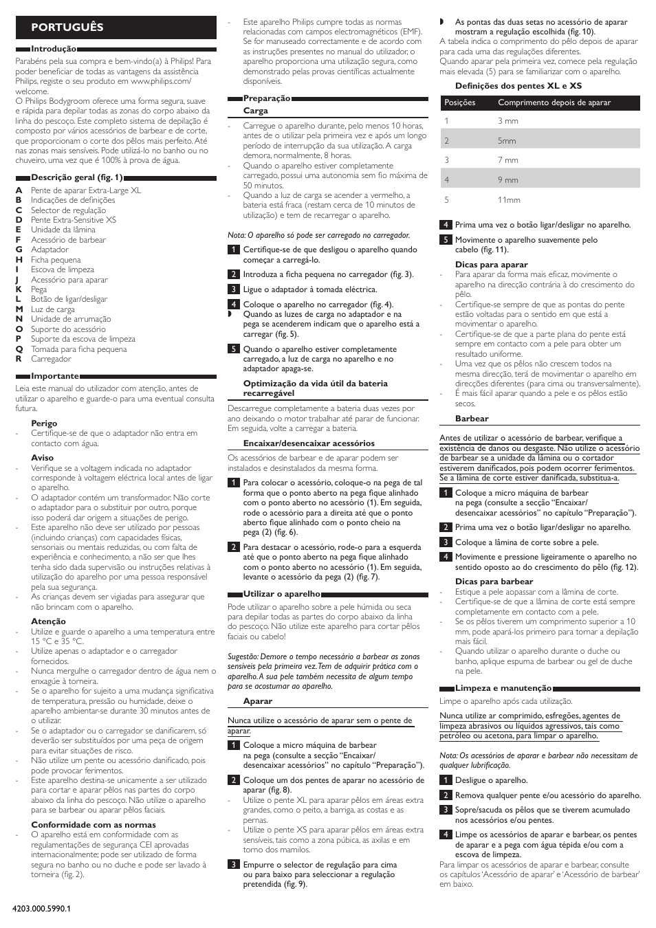 Português | Philips BODYGROOM Series 5000 afeitadora corporal User Manual | Page 8 / 9