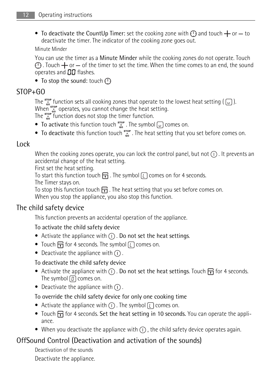 Stop+go, Lock, The child safety device | AEG HK654200IB User Manual | Page 12 / 20