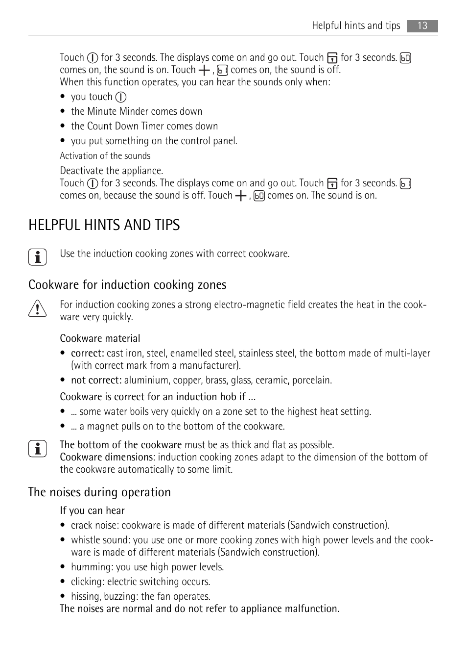 Helpful hints and tips, Cookware for induction cooking zones, The noises during operation | AEG HK654200IB User Manual | Page 13 / 20