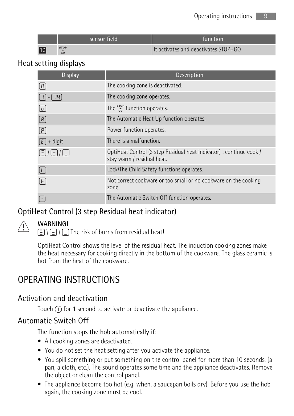 Operating instructions, Heat setting displays, Optiheat control (3 step residual heat indicator) | Activation and deactivation, Automatic switch off | AEG HK654200IB User Manual | Page 9 / 20