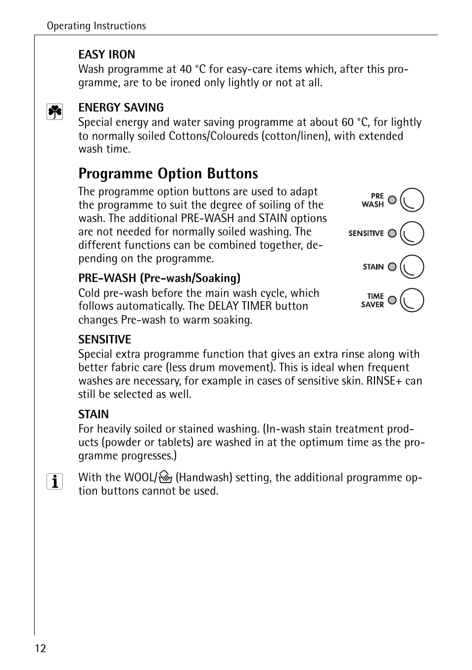 Programme option buttons | AEG LAVAMAT 84749 User Manual | Page 12 / 60