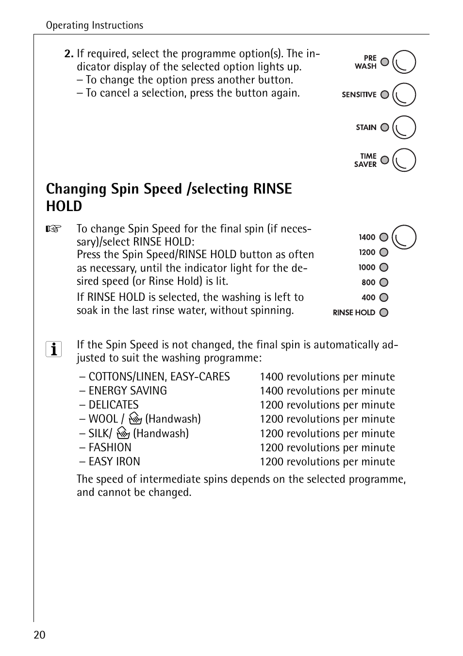 Changing spin speed /selecting rinse hold | AEG LAVAMAT 84749 User Manual | Page 20 / 60